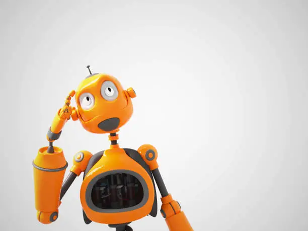 3D rendering of a yellow cartoon robot thinking about something. White background.