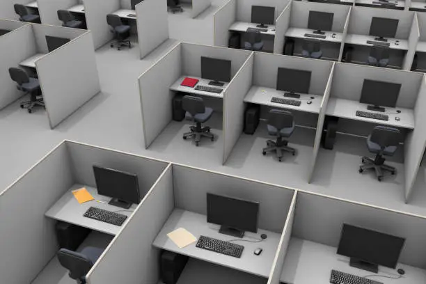 An aerial view of office cubicles at a modern call center.