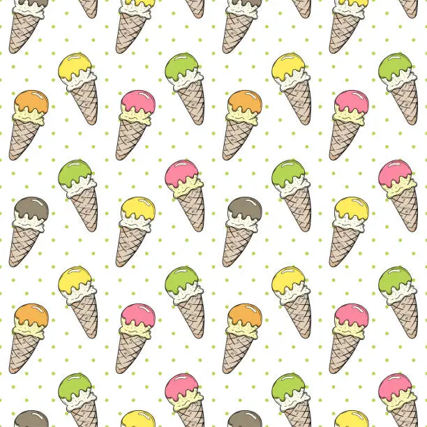 Vector illustration of ice cream doodles seamless pattern.