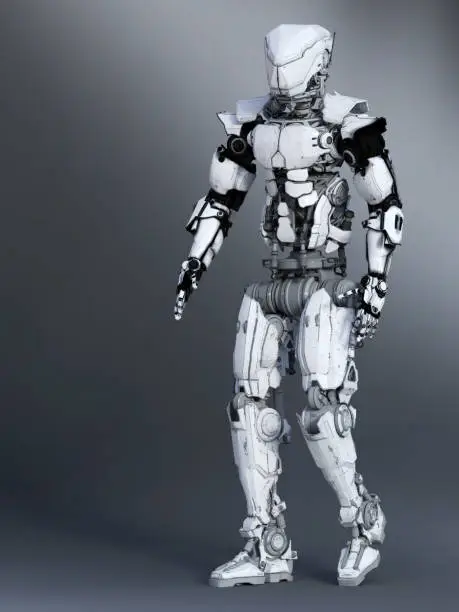 A futuristic robot in a walking pose, 3D rendering. Gray background