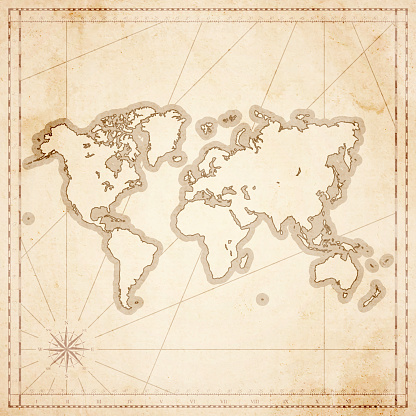 Map of World in vintage style. Beautiful illustration of antique map on an old textured paper of sepia color. Old realistic parchment with a compass rose, lines indicating the different directions (North, South, East, West) and a frame used as scale of measurement.Vector Illustration (EPS10, well layered and grouped). Easy to edit, manipulate, resize or colorize. Please do not hesitate to contact me if you have any questions, or need to customise the illustration. http://www.istockphoto.com/portfolio/bgblue