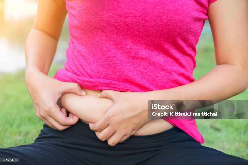 Chubby woman hand holding her own belly fat. Chubby woman hand holding her own belly fat Overweight Stock Photo