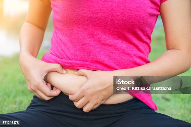 Chubby Woman Hand Holding Her Own Belly Fat Stock Photo - Download Image Now - Overweight, Pink Color, Women