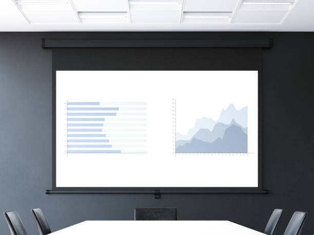 sala de reuniões com a tela do projetor de enrolar. renderização 3d - flipchart whiteboard easel chart - fotografias e filmes do acervo