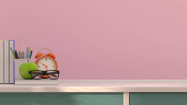 istock Eyeglasses on books desktop clock and  fruit apple and pen on the table colorful 3D rendering decoration  in front of pink wall with sunlight beautiful picture 871243480