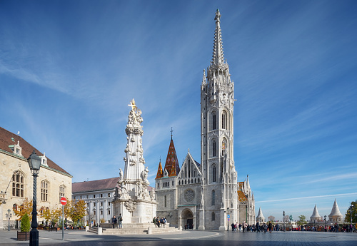 Matthias Church is a Roman Catholic church located in Budapest, Hungary. The current building was constructed in the florid late Gothic style in the second half of the 14th century. Holy Trinity Column was built in 1713 and located in front of Matthias Church in Budapest.