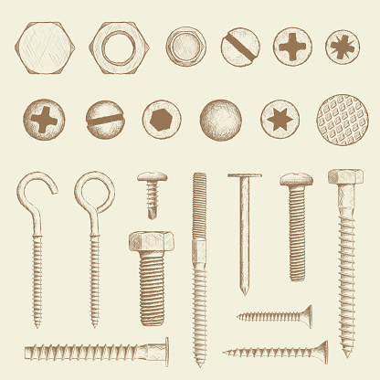 Set of industrial fasteners. Bolt, screws and nail in hand drawn style. Stock Vector sketch illustration.