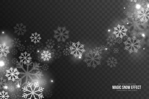 3D Vector Magic Falling Snow Effect Vector Magic Falling Snow Effect with White Realistic Flying Snowflakes and Lights Overlay on Transparent Background. Merry Christmas Abstract Illustration. Xmas Design Element frosted window winter stock illustrations