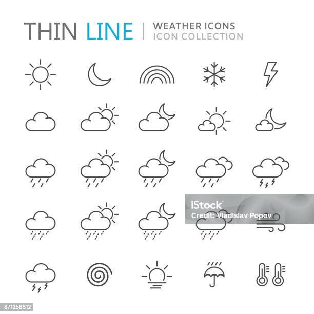 Collection Of Weather Thin Line Icons Stock Illustration - Download Image Now - Icon Symbol, Weather, Rain