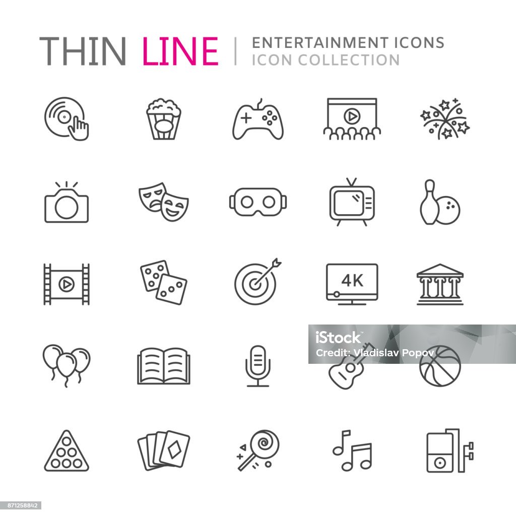 Collection of entertainment thin line icons Collection of entertainment thin line icons. Vector eps10 Icon Symbol stock vector