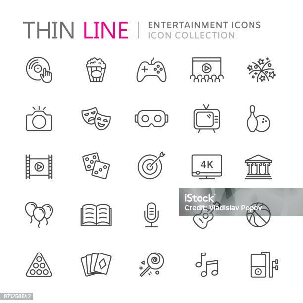 Collection Of Entertainment Thin Line Icons Stock Illustration - Download Image Now - Icon Symbol, Movie, Video Game