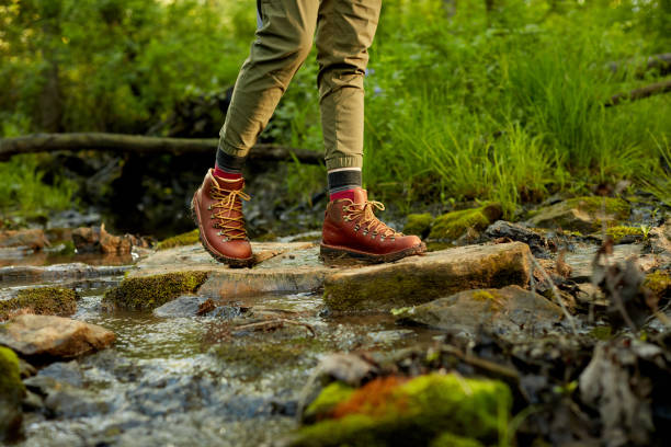 istock Woman hiker crossing a small mountain stream 871262396