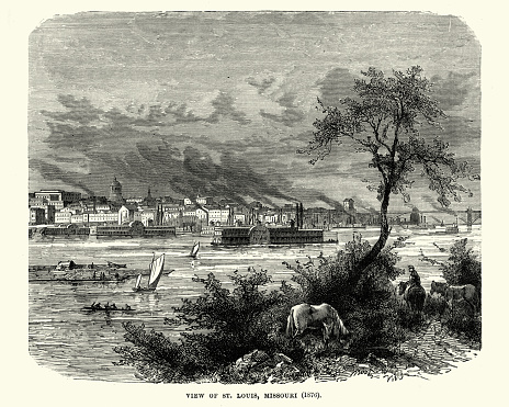 Vintage engraving of St Louis, Missouri, 19th Century. With paddleboat on the river