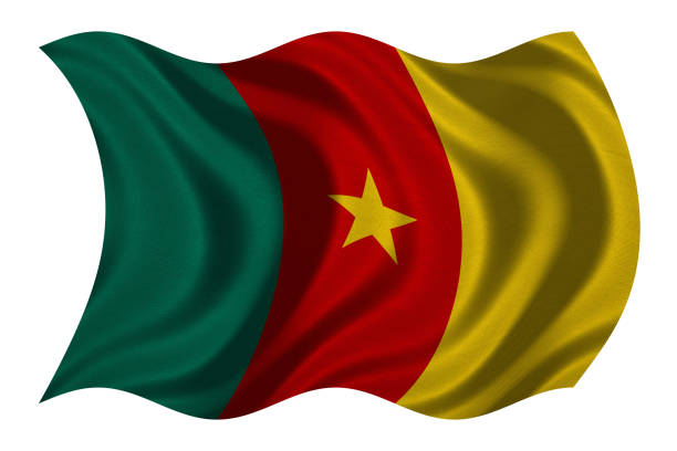 istock Flag of Cameroon wavy on white, fabric texture 871262706
