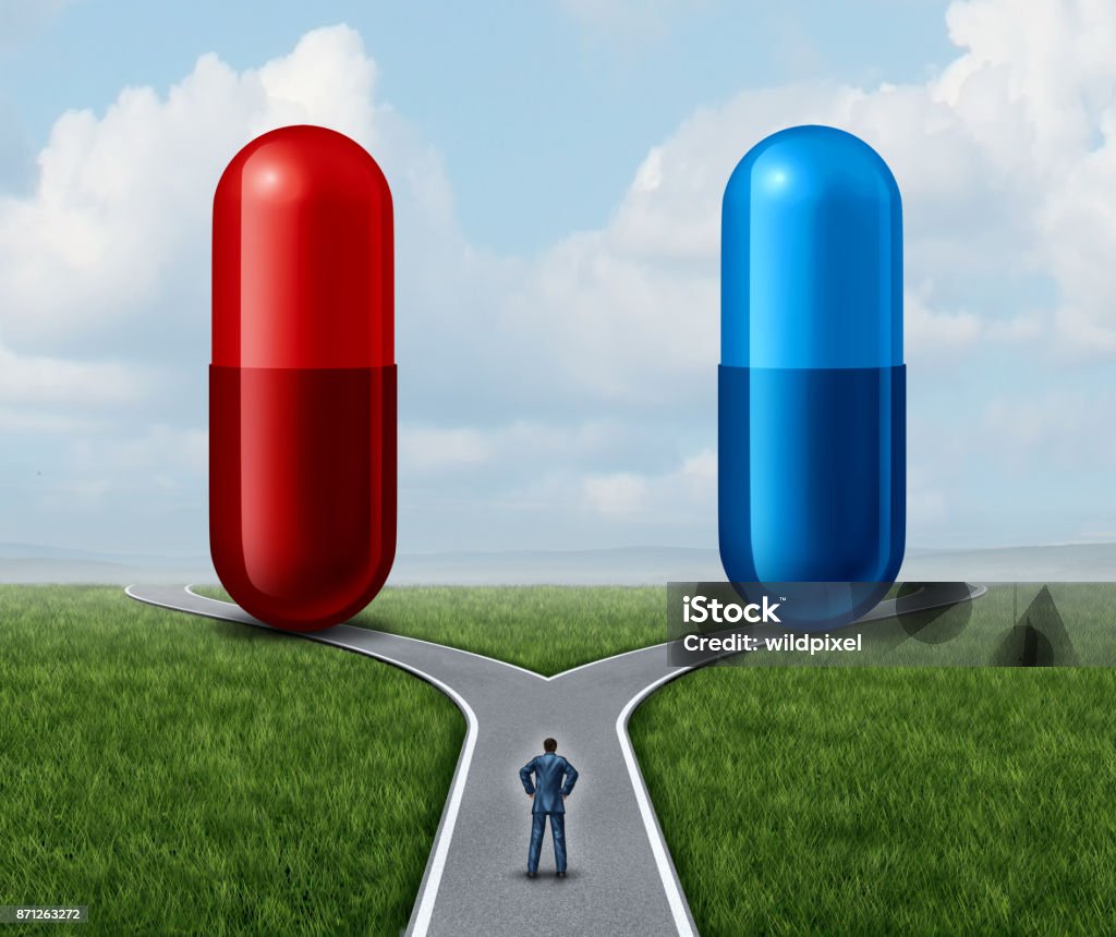 Red And Blue Pill Choice Red and blue pill choice as a person at a crossroad looking at medication capsules as a symbol of choosing between truth and illusion or knowledge or ignorance or pharmaceutical treatment option concept with a 3D render. Pill Stock Photo