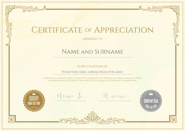 ilustrações de stock, clip art, desenhos animados e ícones de luxury certificate template with elegant border frame, diploma design for graduation or completion - certificate diploma frame currency