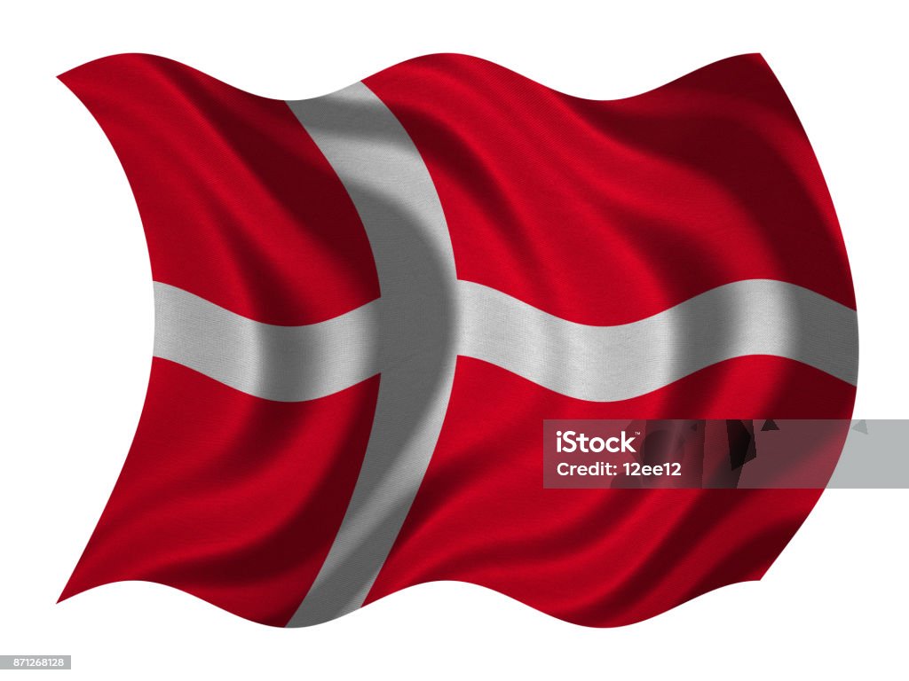 Bandeira da Dinamarca ondulada na textura de tecido branco, - Foto de stock de Algodão - Material Têxtil royalty-free