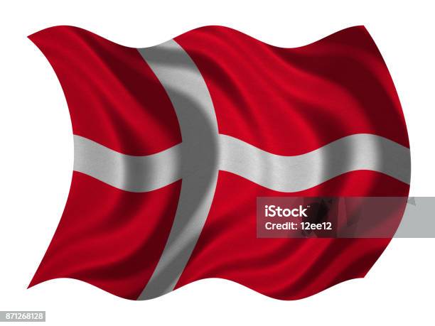 Foto de Bandeira Da Dinamarca Ondulada Na Textura De Tecido Branco e mais fotos de stock de Algodão - Material Têxtil