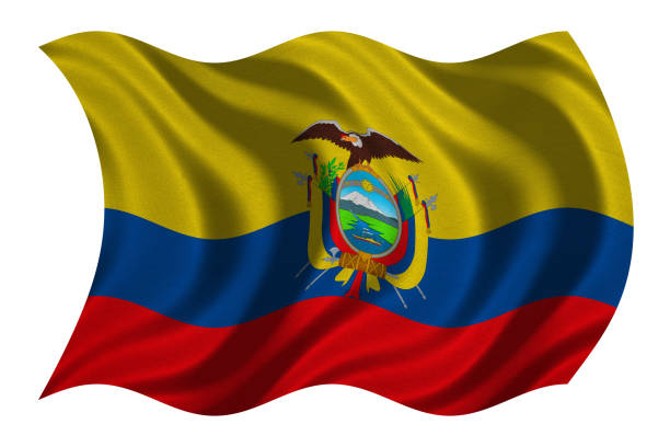 Ecuadorian national official flag. Patriotic symbol, banner, element, background. Correct colors. Flag of Ecuador with real detailed fabric texture wavy isolated on white, 3D illustration