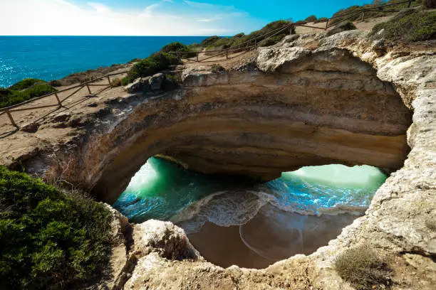 view into the cave of benagil, algarve coastline, portugal.