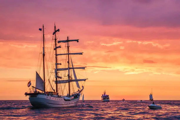 Sailing ships on the Baltic Sea in Rostock, Germany.
