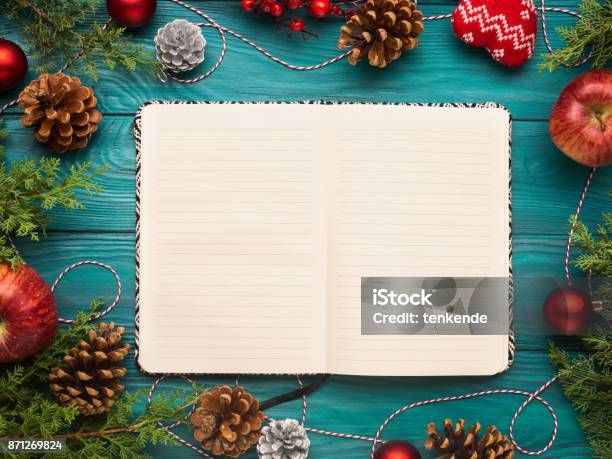 Open Notebook On Christmas Background Stock Photo - Download Image Now - Christmas, Recipe, Book