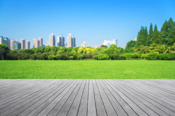 istock Boardwalk and modern city central park abstract background 871275174