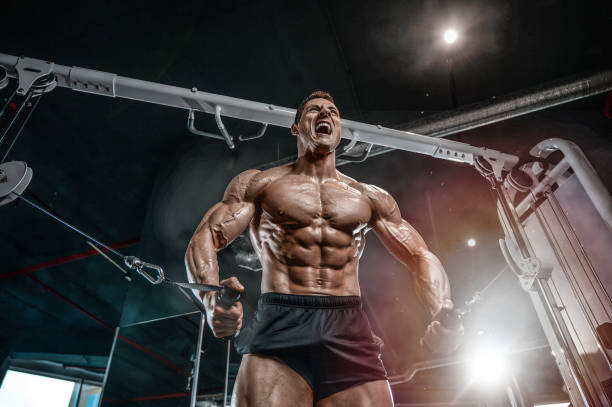 istock Brutal Caucasian bodybuilder training chest in gym 871278018