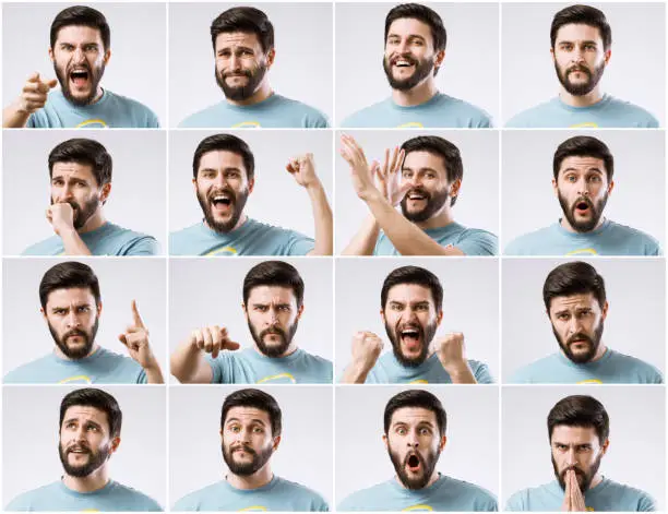 Emotions faces pack of young handsome bearded man. Emotions palette