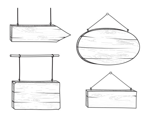 スタイリッシュな落書き木製道路標識と矢印のセット。レトロ板 si - directional sign road sign blank arrow sign点のイラスト素材／クリップアート素材／マンガ素材／アイコン素材