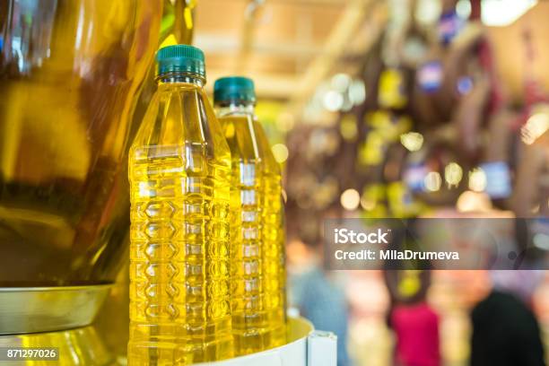 Bottles With Olive Oil In The Market Stock Photo - Download Image Now - Market - Retail Space, Vinegar, Agricultural Field