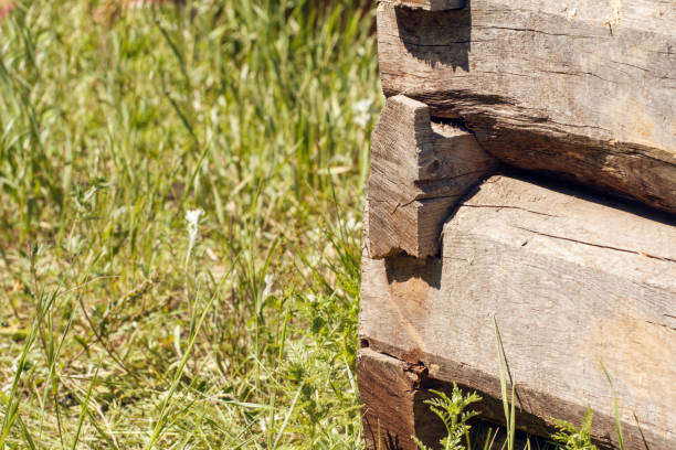 istock Old wooden framework built from wooden beams. An old wood texture. Place for text 871297054