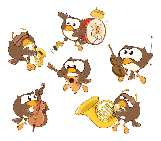 ilustrações de stock, clip art, desenhos animados e ícones de set  cartoon illustration cute owl in different poses for you design musicians - blues eyes