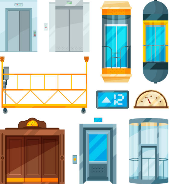 다른 현대 유리 엘리베이터의 집합입니다. 만화 스타일에 벡터 그림 - metal door measuring work tool stock illustrations