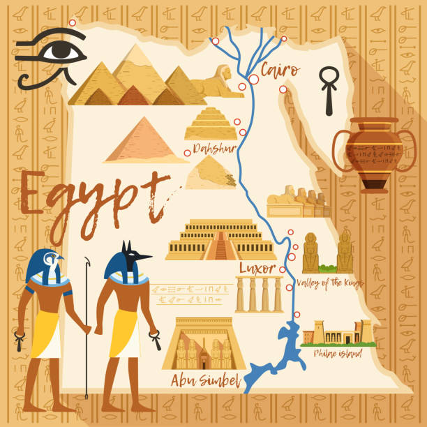 illustrazioni stock, clip art, cartoni animati e icone di tendenza di mappa stilizzata dell'egitto con diversi oggetti culturali e punti di riferimento - mythical pharaoh