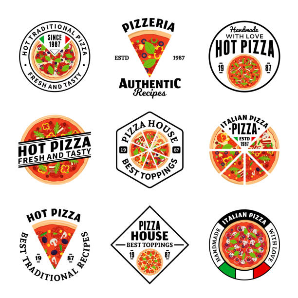 Vector pizza labels collection Vector pizza labels, icons and design elements for pizzeria, fast food restaurant, menu, packaging, branding and identity pizza place stock illustrations