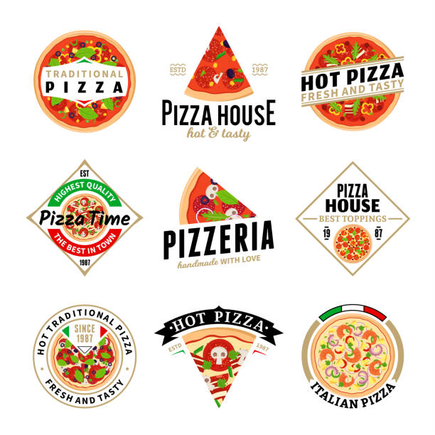 Vector pizza labels collection Vector pizza labels, icons and design elements for pizzeria, fast food restaurant, menu, packaging, branding and identity pizza place stock illustrations