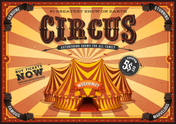 ilustraciones, imágenes clip art, dibujos animados e iconos de stock de cartel vintage circo amarillo con tapa grande - star shape star theatrical performance backgrounds