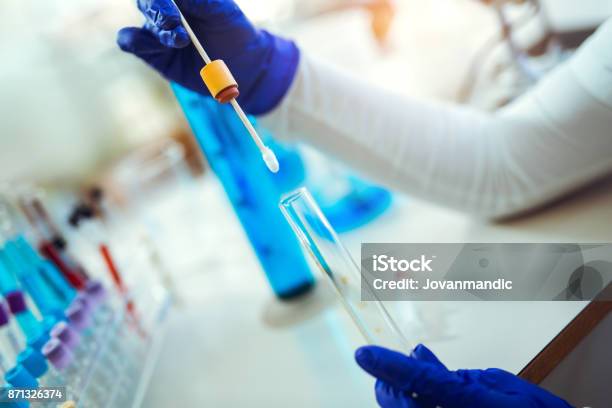 Female Forensic Technician Collecting Biological Specimen In Dna Stock Photo - Download Image Now
