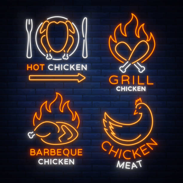 ilustrações de stock, clip art, desenhos animados e ícones de set signs, banners chicken in neon style for a grocery store and restaurants. neon sign, night bright advertisement. barbecue chicken, grilled chicken. vector illustration - grilled chicken chicken barbecue fire