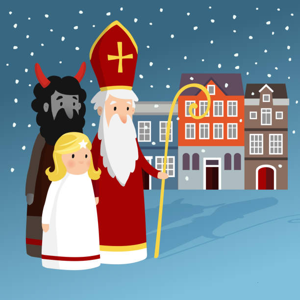 niedliche sankt nikolaus mit engel, teufel, alten bürgerhäusern und schneefall. weihnachten-einladungskarte, vektor-illustration, winter hintergrund - santa claus christmas cartoon traditional culture stock-grafiken, -clipart, -cartoons und -symbole