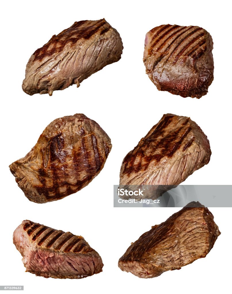 Grilled beef steaks in various kinds, collection on white background Grilled beef steaks in various kinds, collection isolated on white background Meat Stock Photo