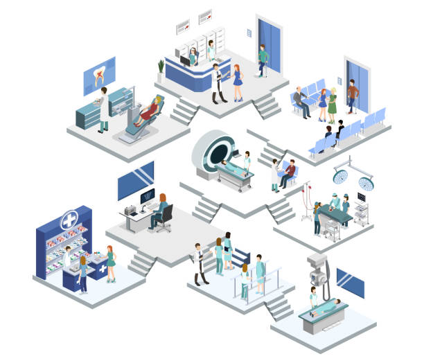 ilustrações de stock, clip art, desenhos animados e ícones de isometric 3d vector illustration set of reception, mrt, surgery, rehabilitation, pharmacy and dentist - pharmacy symbol surgery computer icon