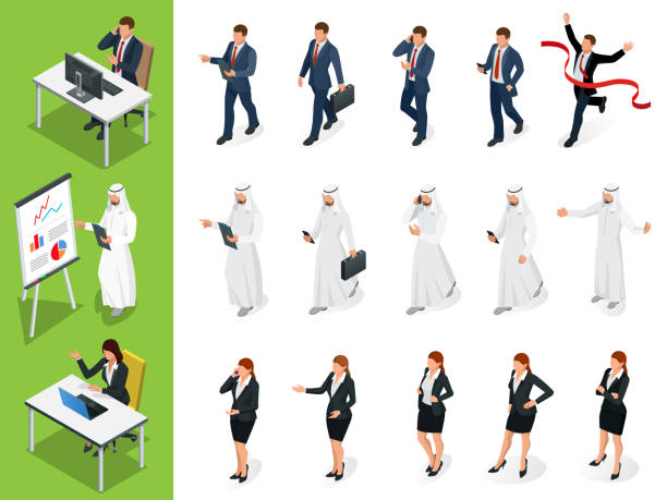 ilustrações de stock, clip art, desenhos animados e ícones de isometric business characters poses. set of businessmans, businesswomans and arab mans on white background. cartoon people. create your own design for vector. - office men teacher computer