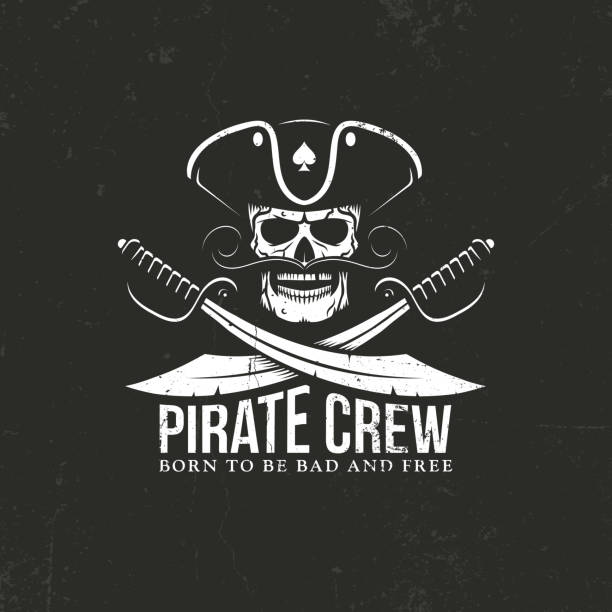 Pirates crew Pirates crew . Jolly Roger - skull with crossed sabers on a black background. Grunge texture on separate layers and can be easily disabled. pirate criminal illustrations stock illustrations