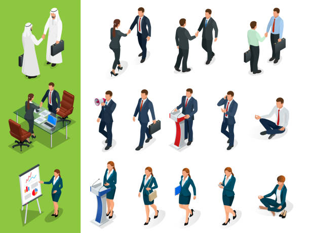 ilustrações de stock, clip art, desenhos animados e ícones de isometric business characters poses. handshake. set of businessmans, businesswomans and arab mans on white background. cartoon people. create your own design for vector. - office men teacher computer