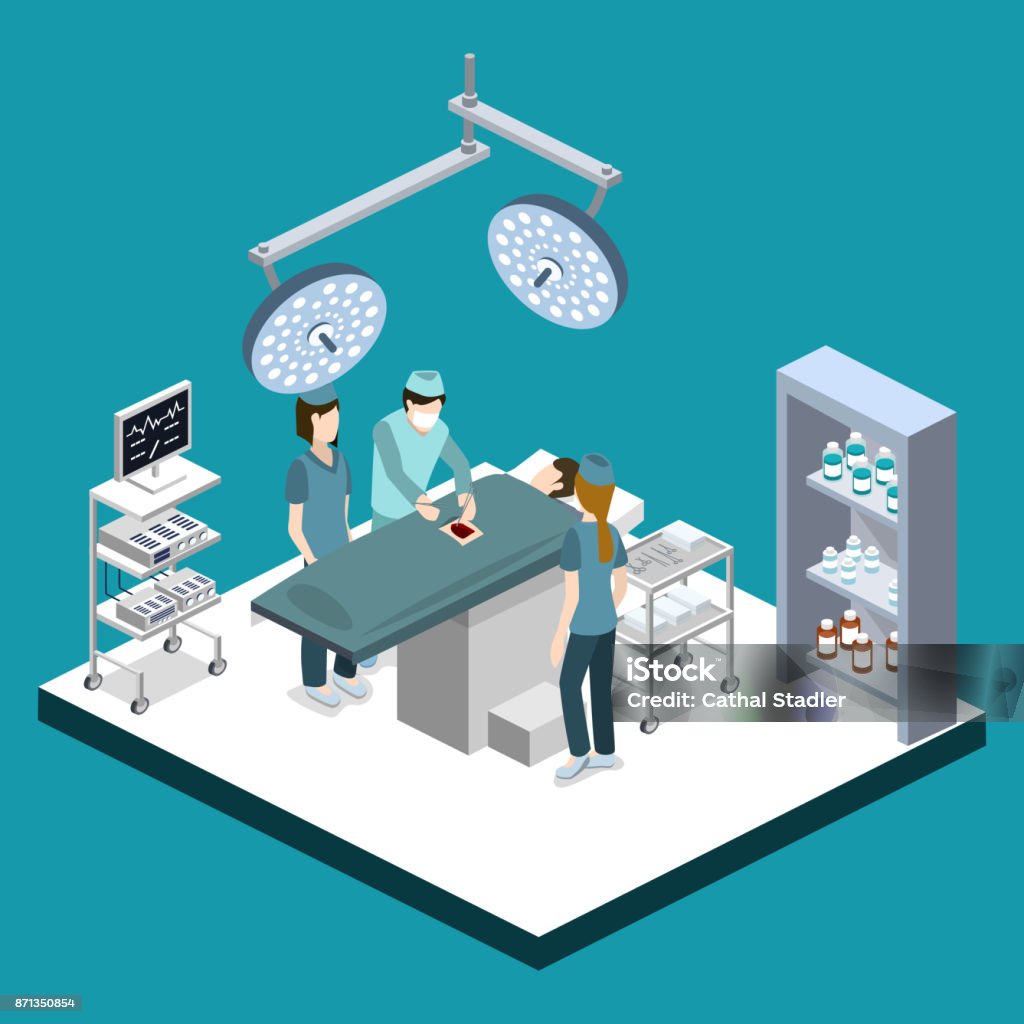 Isometric 3D vector illustration surgeon operates on the patient Isometric 3D vector illustration surgeon operates on the patient. The nurse assists the doctor. The doctor is treating the patient. Accidents and Disasters stock vector