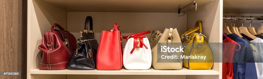 Collection Of Handbags In Womans Closet Stock Photo - Download Image Now -  Purse, Closet, Collection - iStock