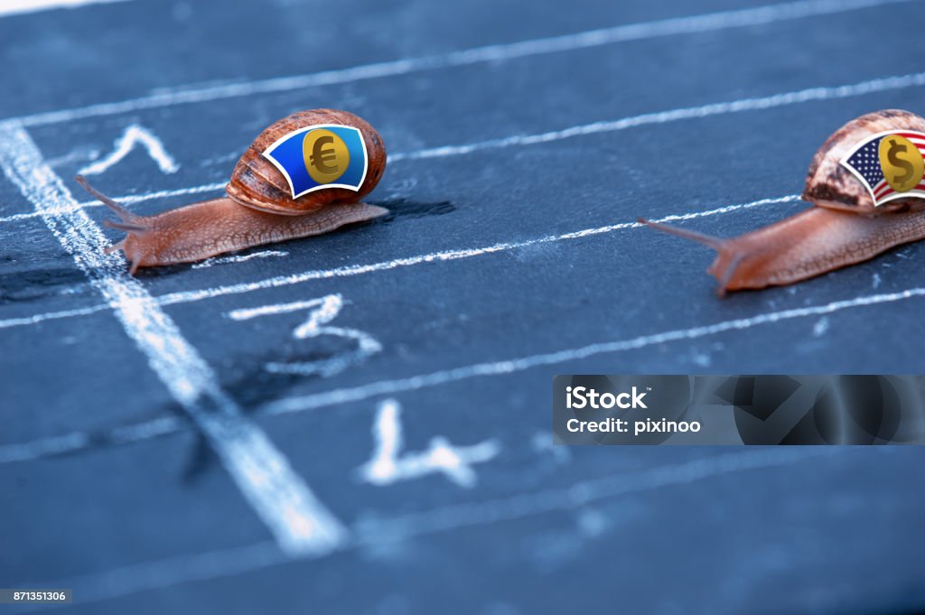 Snails race currency metaphor about Euro against US Dollar Adversity Stock Photo