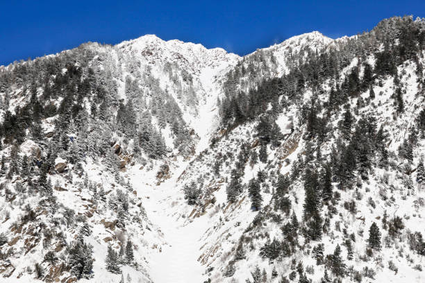 Snow covers mountain peak Snowy mountain peak is a risky place for back country skiing avalanche beacon stock pictures, royalty-free photos & images